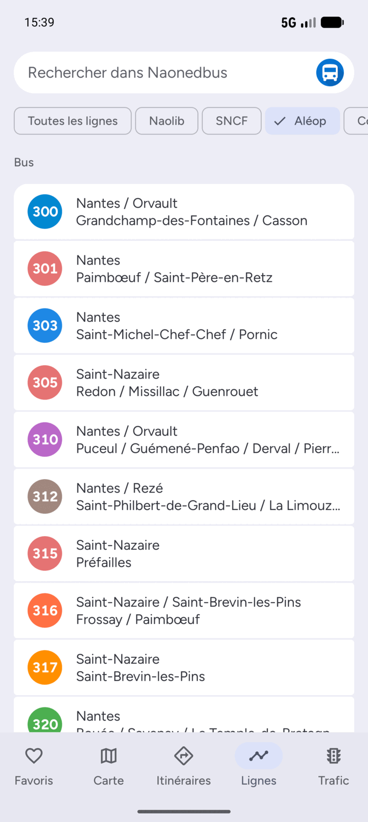Les lignes Aléop, filtrées dans la liste