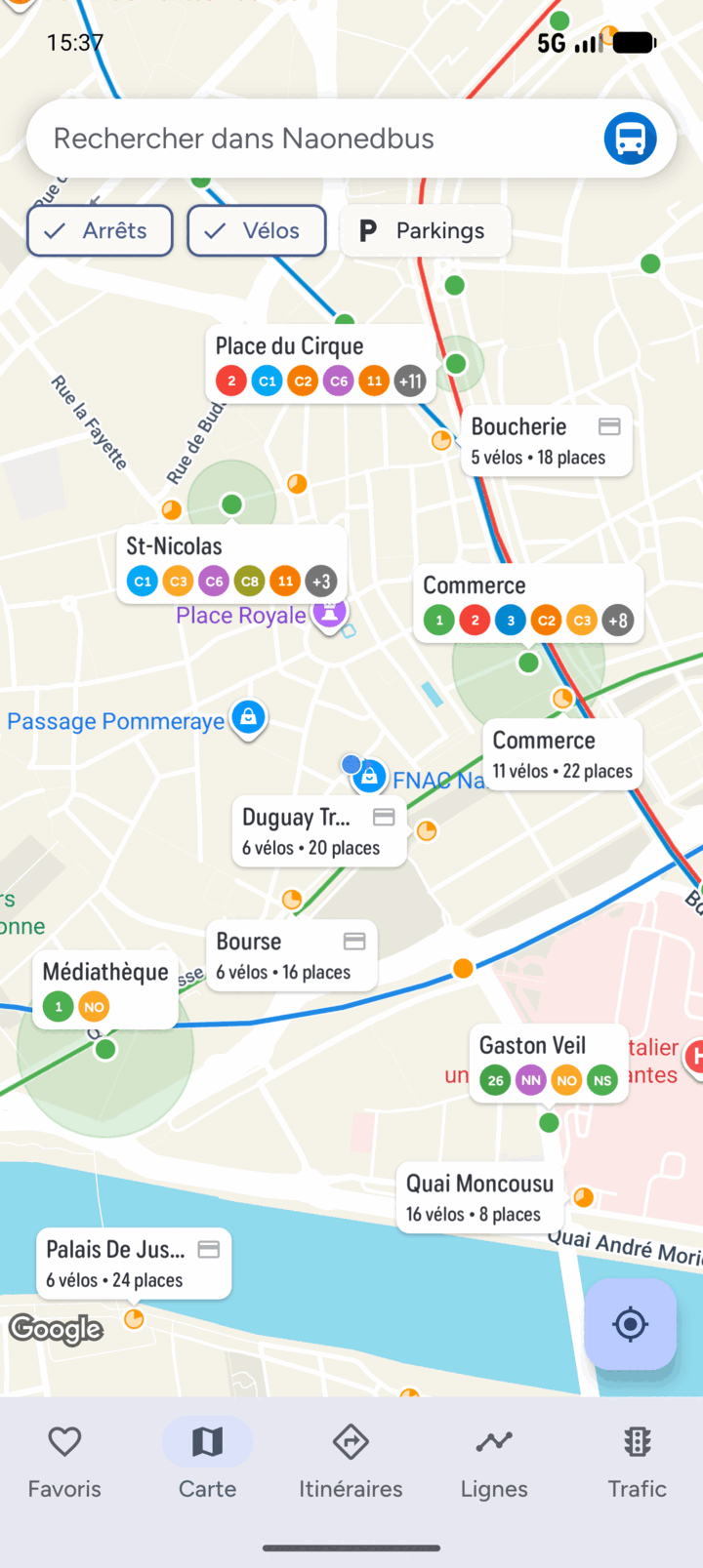 La carte autour de Commerce, avec les stations vélo