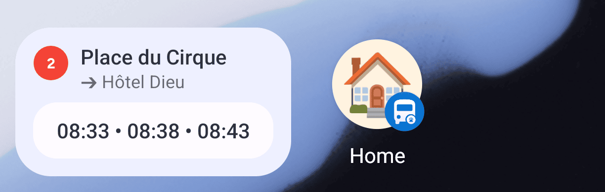 Le widget Favori et un raccourci Itinéraire vers la maison